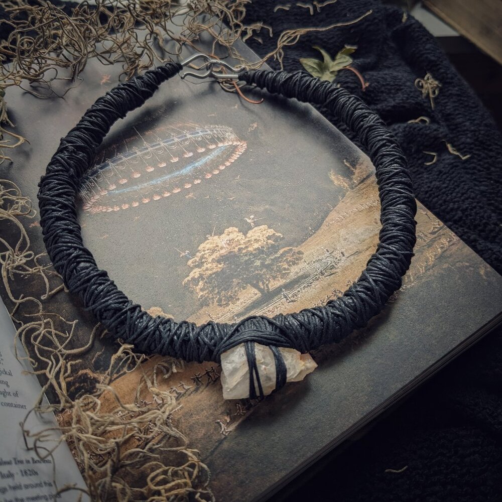 Black Wrapped Crystal Pendant Necklace - Boho Statement Choker